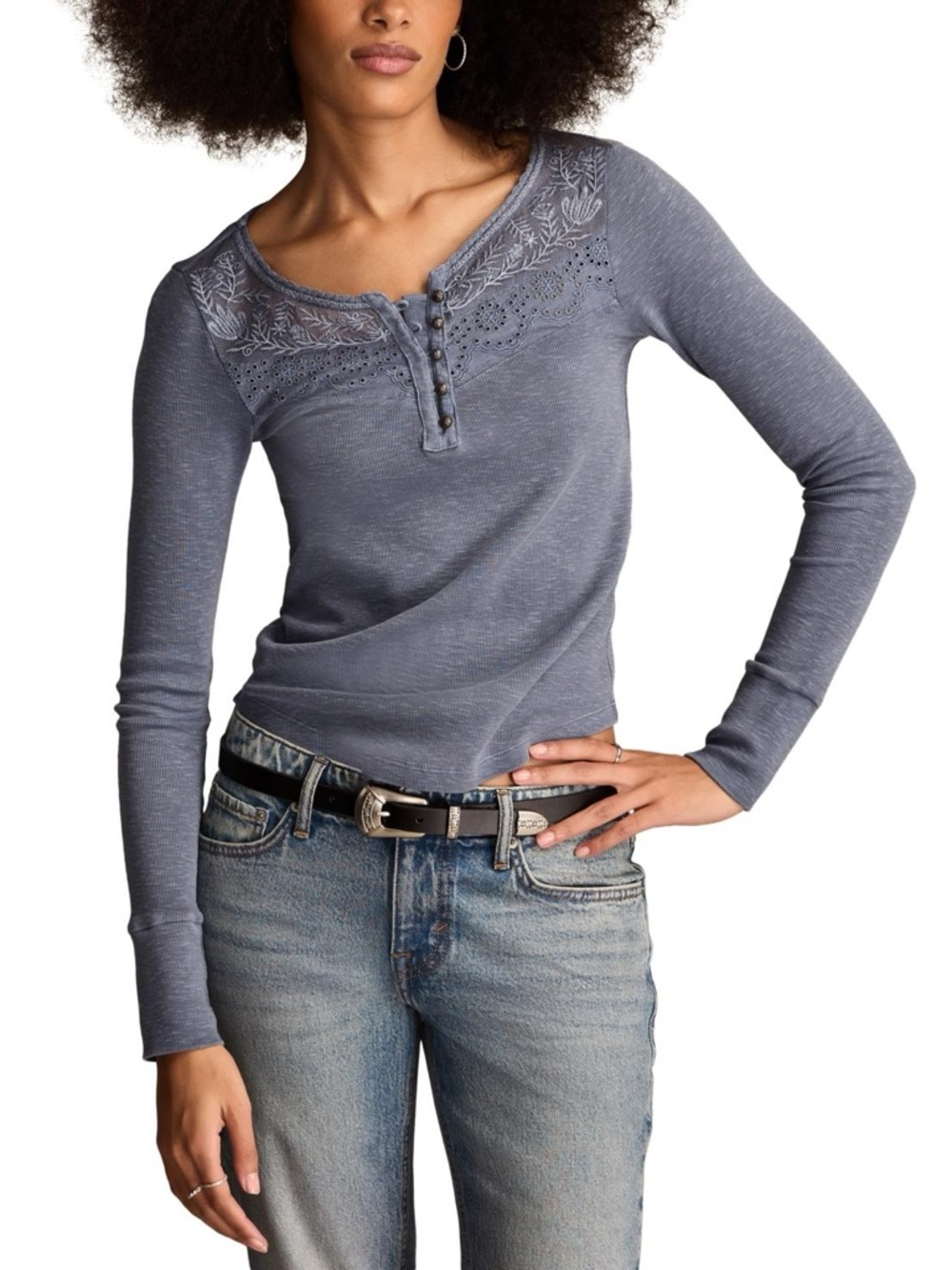 Lucky Brand Lace Yoke Henley Long Sleeve Womens L NWT $60 Bella Swan Boho